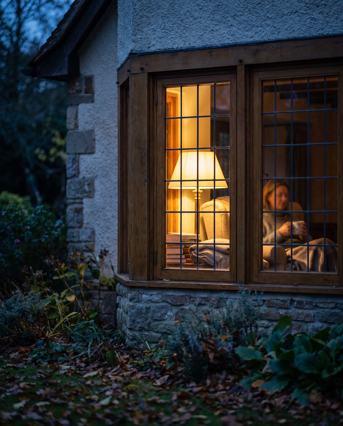 Warm beleuchtetes Wohnzimmerfenster eines Hauses in der Abenddämmerung
