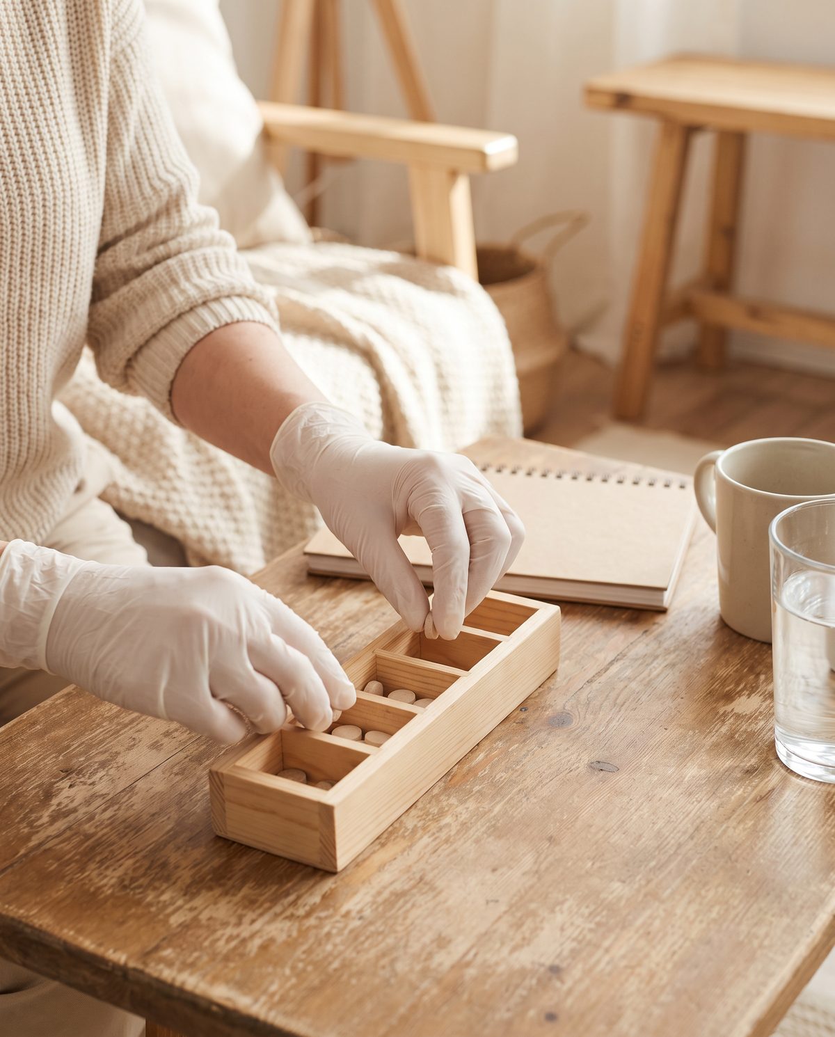 Pflegekraft mit Handschuhen richtet eine Wochendosette mit Medikamenten am Holztisch
