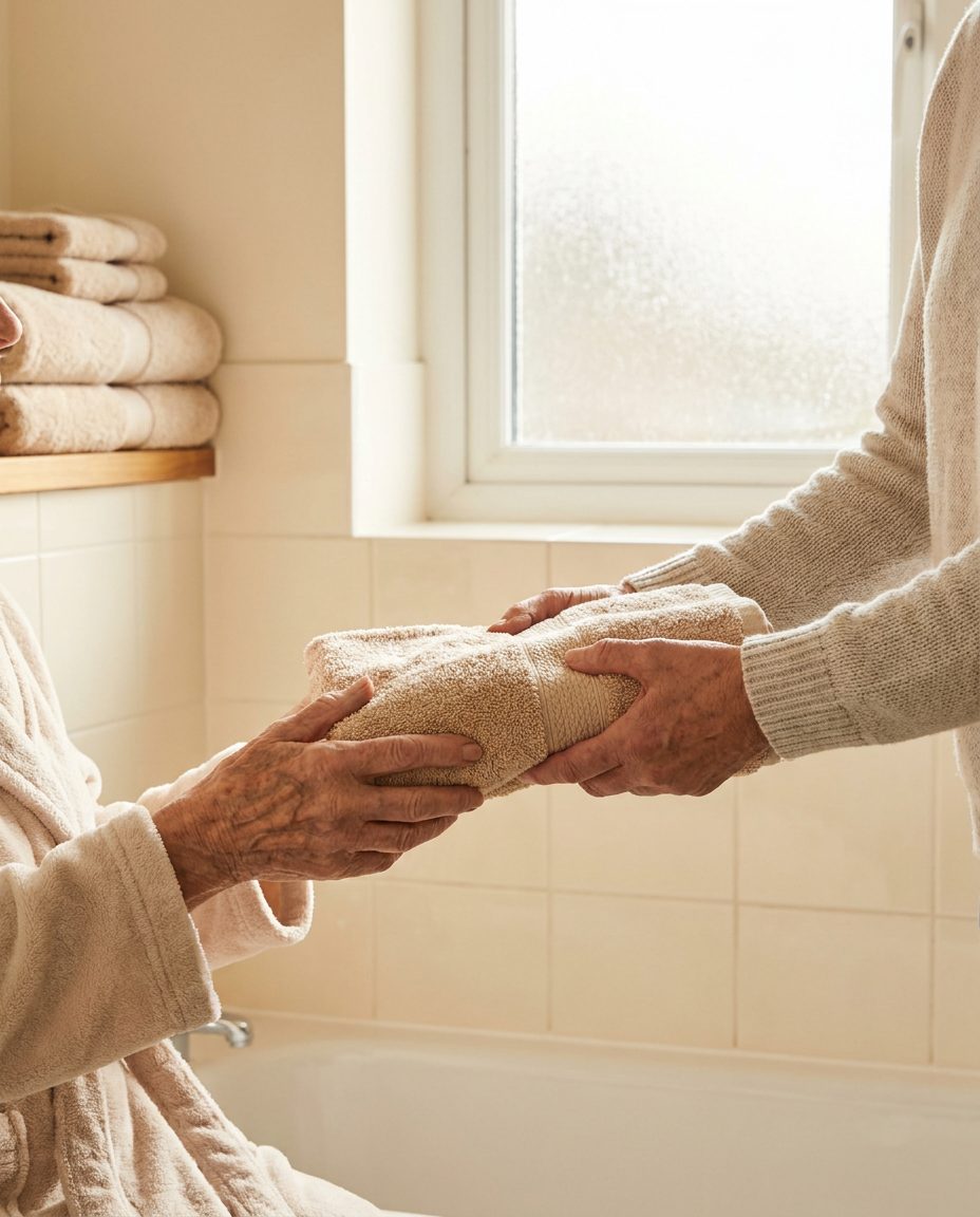 Pflegehände reichen einer Seniorin ein weiches Handtuch im hellen Badezimmer