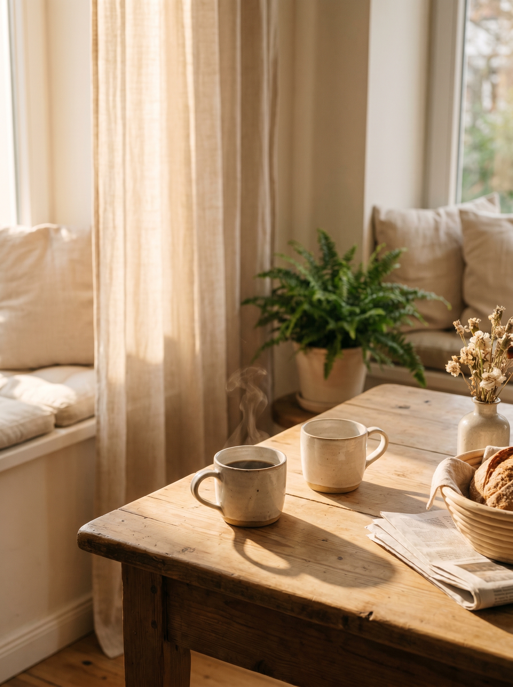 Warmes Morgenlicht, Kaffee am Küchenfenster