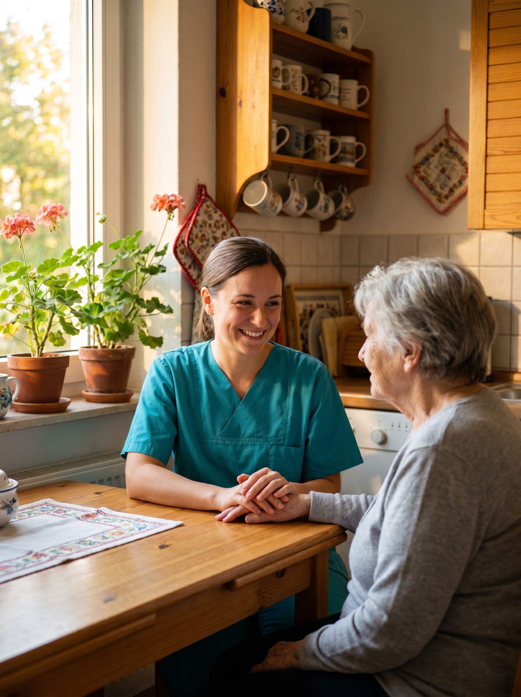 Pflegerin im Gespräch mit einer Seniorin am Küchentisch