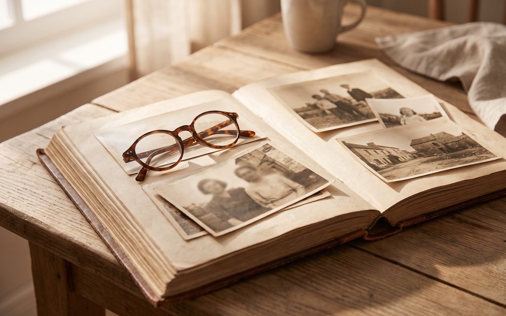 Altes aufgeschlagenes Fotoalbum mit Lesebrille im warmen Seitenlicht