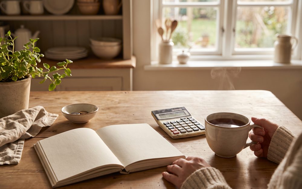 Aufgeschlagenes Haushaltsbuch mit Taschenrechner und Teetasse auf einem Küchentisch