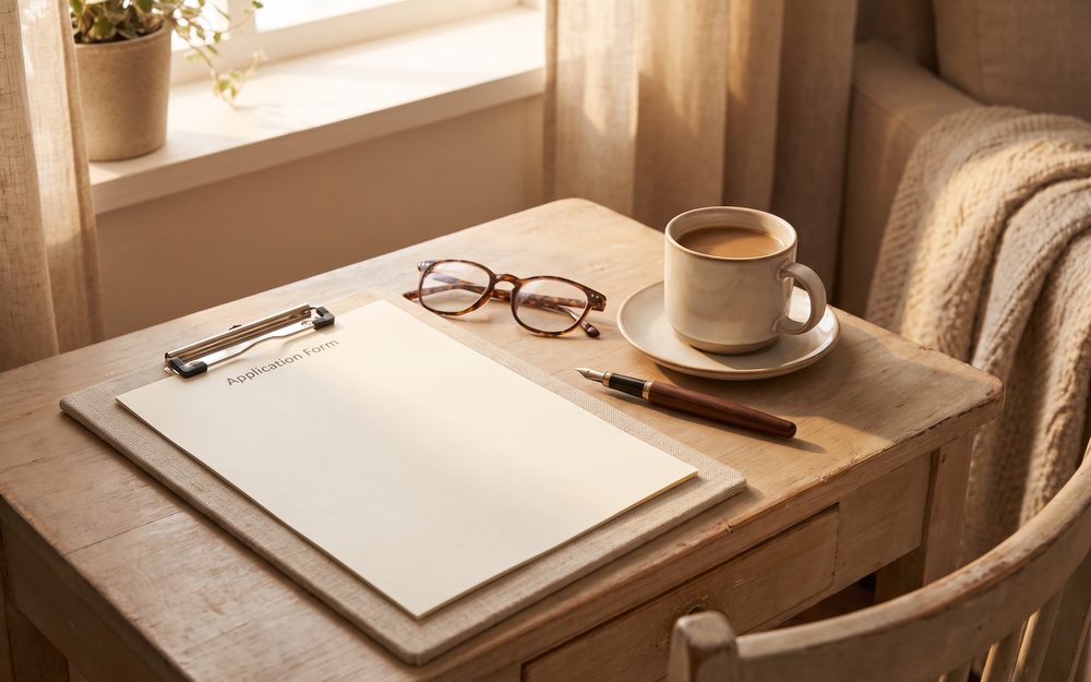 Antragsformular mit Brille, Füller und Kaffeetasse auf einem Schreibtisch im Morgenlicht