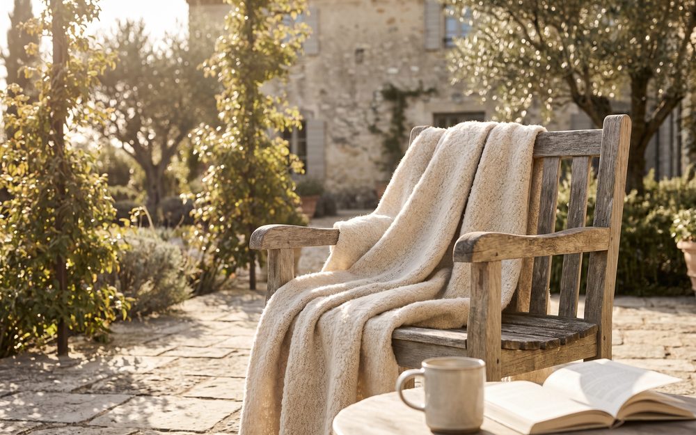 Leerer Gartenstuhl mit Wolldecke auf einer sonnigen Terrasse