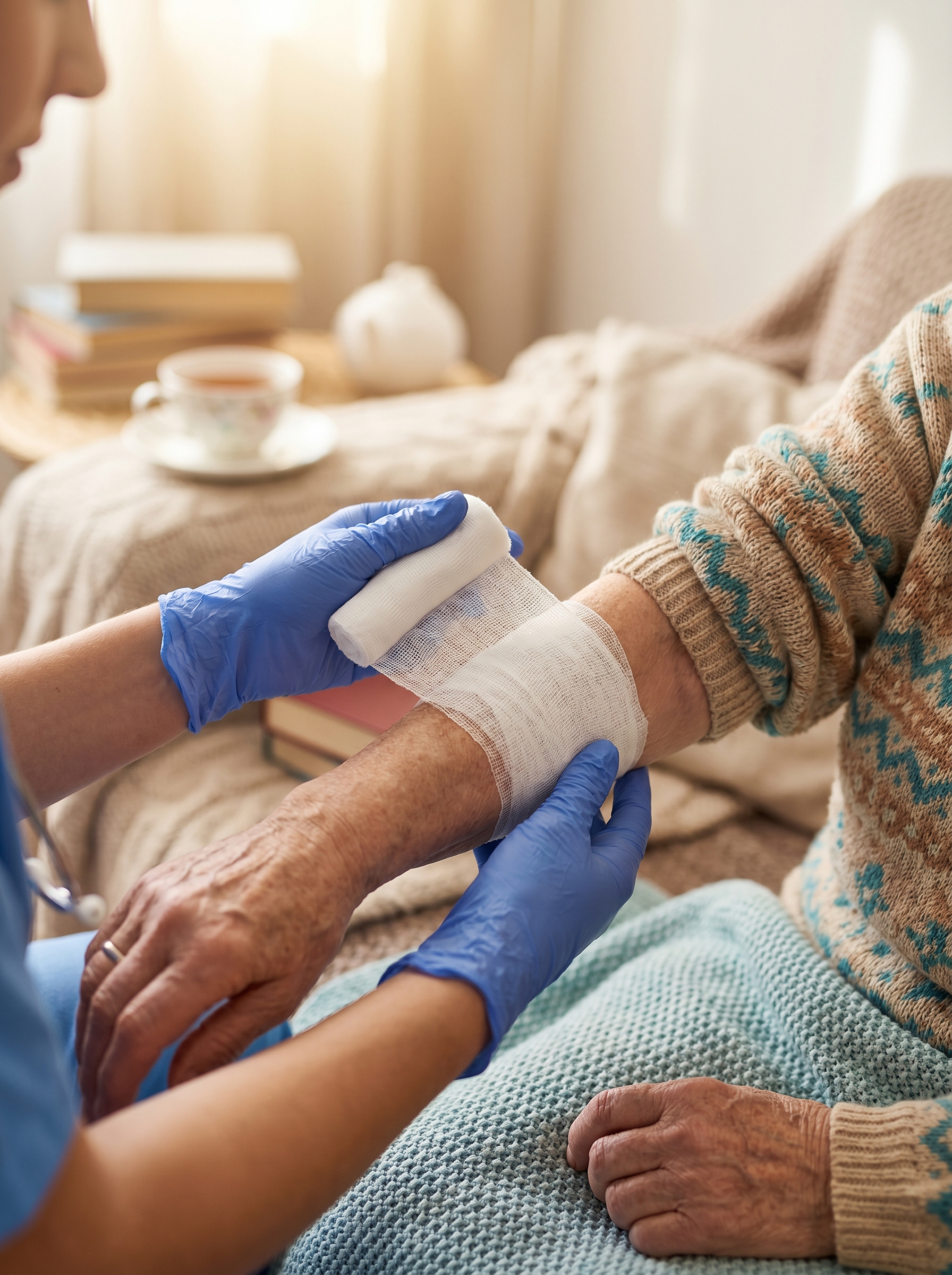 Pflegekraft beim Verbandswechsel am Handgelenk